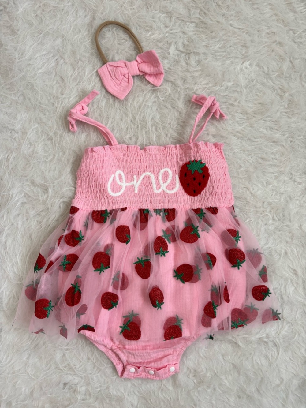 Pink Sparkly Strawberry 'One' Baby Girl Tulle Romper with Matching Bow Headband